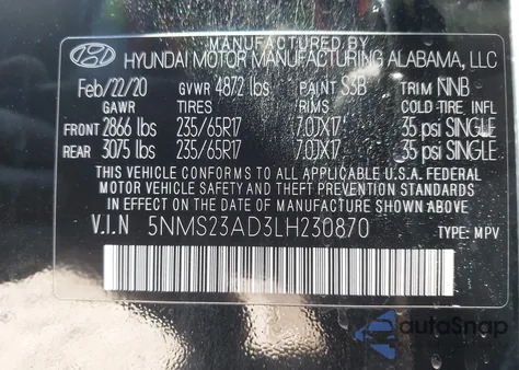 2020 Hyundai Santa Fe Se from USA, damaged, VIN 5NMS23AD3LH230870